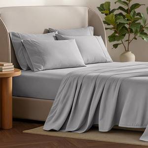lot 1369 image: Bare Home Hotel Luxury Split King Sheet Set, Extra Soft, 7 Piece Set, Deep Pockets, Easy Fit, Cooling & Breathable, Wrinkle, Fade, Stain Resistant, Set Includes 4 Pillowcases (Split King, Light Grey)