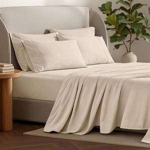 lot 1374 image: Bare Home Hotel Luxury Split King Sheet Set, Extra Soft - 7 Piece Set - Deep Pockets - Easy Fit - Cooling & Breathable - Wrinkle, Fade, Stain Resistant - Includes 4 Pillowcases (Split King, Sand)
