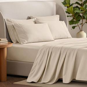 lot 1469 image: Bare Home Hotel Luxury Full XL Sheet Set, Extra Soft - 6 Piece Set - Deep Pockets - Easy Fit - Cooling & Breathable - Wrinkle, Fade, Stain Resistant - Includes 4 Pillowcases (Full XL, Sand)