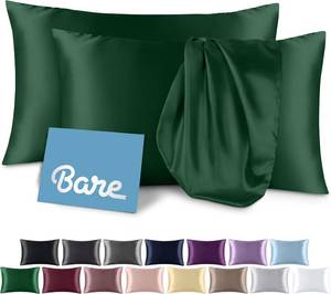 lot 3022 image: Bare Home Satin Pillowcases for Hair and Skin - 2 Pack King (20x36) - Luxury Pillowcases - Envelope Enclosure - Soft and Smooth Satin - Breathable - Similar to Silk (Forest Green, 2 Pack)