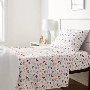 lot 3056 image: Amazon Basics Kids Soft Easy-Wash Microfiber 3-Piece Sheet Set, Twin, Multi-Color Butterflies, Butterfly Friends, Printed