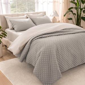 lot 3075 image: Bare Home Coverlet Set - FullQueen - Lightweight Bed Decor - Comforter Alternative - All-Season Quilted Bedspread (FullQueen, Light Grey)