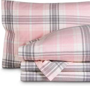 lot 3127 image: Bare Home Flannel Sheet Set Prints, 100% Cotton, Velvety Soft Heavyweight - Double Brushed Flannel - Deep Pocket (Queen, Aurora Plaid - Pink)