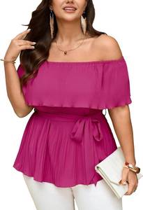 lot 3217 image: SCOMCHIC Plus Size Off The Shoulder Peplum Tops for Women Summer Ruffle Hem Blouse Chiffon Babydoll Top SIZE 4XL