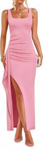 ZESICA Women's Sleeveless Formal Maxi Dresses 2026 Summer Ribbed Square Neck High Split Party Bodycon Long Dress SIZE XL