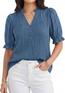 lot 3228 image: Okiwam Womens Spring Tops 2026 Puff Short Sleeve V Neck Shirts Dressy Casual Cute Blouses Trendy Summer Outfits SIZE S