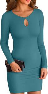 lot 3237 image: VICHYIE Women Dress Cutout Neck Bodycon Keyhole Ribbed Long Sleeve Tight Fall Mid Thigh Pencil Above Knee Mini Dresses Teal S