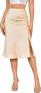 lot 3244 image: ALCEA ROSEA Women High Waist Silky Satin Midi Skirt Elastic Waist A Line Skirt with Slit SIZE S