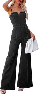 lot 3278 image: xxxiticat Womens Denim Jumpsuit Sleeveless Spaghetti Straps V-Neck Zipper Wide Leg Flare One Piece Jeans Romper Overalls Size XXL