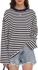 lot 3311 image: IWD Womens Striped Long Sleeve Shirts Y2k Oversized Drop Shoulder Sweatshirt Crewneck Color Block Pullover Tops, Size Large, COLOR VARIES FROM STOCK PHOTO
