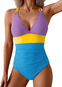 lot 3324 image: Aidonger Womens One Piece Color Block Swimsuit Tummy Control Slimming Bathing Suit V Neck Cutout High Waisted Swimwear Size Medium