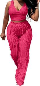 lot 3343 image: PRIVIMIX Women 2 Piece Outfits Sexy See Through Backless Top Ruffle Wide Leg Palazzo Pants Sheer Mesh Trousers Set Color White Size Medium