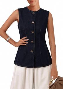lot 3363 image: YEXPINE Womens Button Down Denim Vest Crewneck Slim Fit Waistcoat Casual Jean Tank Top Size Small