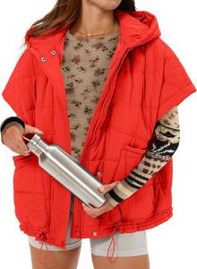 lot 3365 image: Gacaky Quilted Vest for Women Oversized Stand Collar Cap Sleeve Puffer Jacket Warm Button Zip Up Hoodies Coat Outwear Color Orange Size Medium
