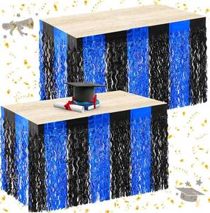 lot 5031 image: Oudain 2026 Graduation Party Decorations 2 Pack Blue and Black Wavy Metallic Tinsel Foil Fringe Table Skirts for Prom and Grad Party Birthday Decor Rectangle and Round Table Supplies