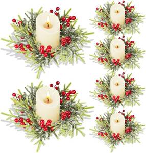 lot 5073 image: 6Pcs Christmas Candle Ring Wreaths, Artificial Red Berries Pine Branches Leaves Candle Rings for Pillars Candle Holder, Home Christmas Party Table Centerpiece Decoration
