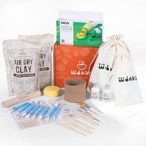lot 7258 image: Wonks Air Dry Clay Pottery Kit for Adults & Kids - 30 Piece Kit - Acrylic Paint & Sculpting Tools Included - Carving Tools, Sponge & More - A Complete Beginners Pottery Set - 2KGs of Clay Included