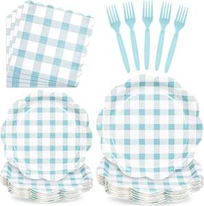 lot 7637 image: 96 Pcs Blue Gingham Party Supplies - 9 & 7 Inch Blue Scalloped Paper Plates and Napkins set Blue and White Checkered Party Plate Disposable Plaid Dinner Plates for Baby Shower Wedding Birthday