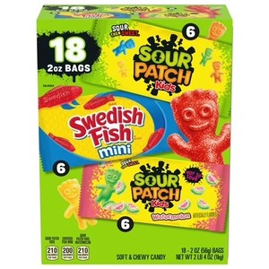 lot 7640 image: SOUR PATCH KIDS and SWEDISH FISH Mini Soft & Chewy Candy Variety Pack, 18 - 2 oz Bags