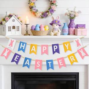 lot 9433 image: Happy Easter Banner Decorations, 2pcs 7 Ft Easter Banners Felt Bunny Hanging Decorations for Home, Spring Garland Party Decorations, Spring Farmhouse Holiday Garland for Mantle