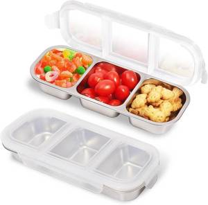 lot 9490 image: Stainless Steel Snack Containers with Lids, 2 Pack Grab and Go Metal Snack Containers, 3 Compartment Reusable Stainless Steel Snack Box for Food Lunch Meal Prep (3 Compartment 2 PCS)