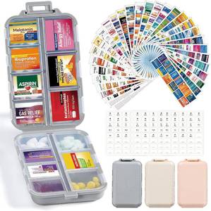 lot 9548 image: 3 Pack 14 Grids Travel Pill Organizer Box with 415-Pcs Medicine Name Labels - Pocket Daily Pharmacy Case Container Kit - Travel Medication Holder Dispenser for Fish Oil Vitamin Supplement Storage