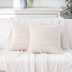lot 9649 image: Decorative Throw Pillow Covers Set of 2  Rustic Farmhouse Boho Home Decor, Soft Plush Striped Corduroy Square Cushion Case 20 x 20Cream Color