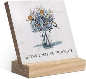 lot 9689 image: Grow Positive Thoughts Mental Health Floral Wood Plaque with Wooden Stand,Psychology Affirmations Wooden Plaque Sign Desk Decor for Home Counseling Office Classroom Table Shelf Decoration