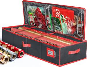 lot 9707 image: HOLDN  STORAGE Premium Wrapping Paper Storage Container - Durable 600D Tear-Proof, Fits 27 Rolls Gift Wrap, Extra Pockets for Ribbons & Bows, Underbed Storage - Ideal for Holiday Christmas, Black