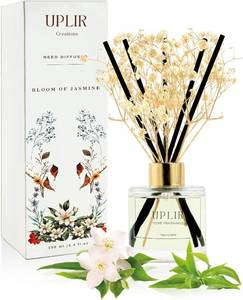 lot 9790 image: Flower Reed Diffusers for Home with 1 Jasmine & White Tea Double Essential Oil, 3.4 oz (100ml) - Elegant Reed Diffuser Set with 5 Sticks for Home Decor, Bathroom, Any Room, Housewarming Gift