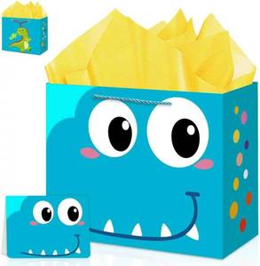lot 9828 image: LOT OF NINE 13 Large Dinosaur Birthday Gift Bag (with Card, Tissue Paper, Envelope, and Stickers), Party Gift Bag for Boys and Girls, Blue Themed Birthday Party Supplies