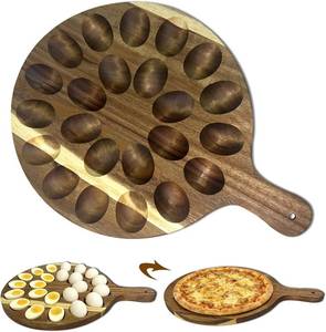 lot 9834 image: Acacia Wood Deviled Egg Platter & Tray - 23 Holes Round Reversible Charcuterie Board, Kitchen Countertops Serving Holder for Deviled Eggs