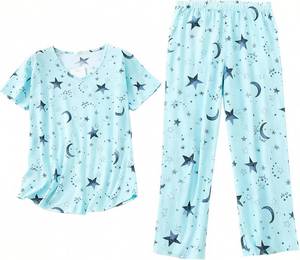 lot 9836 image: Womens Cotton Pajama Sets 2 Piece Capri Pants with Short Sleeved Pjs Set for Women Lightweight All Season Pajamas Size XXL