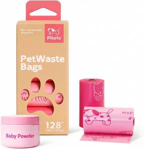 lot 9862 image: Dog Poop Bags Rolls, 128 Count (8 Refills) - 60% Recycled Plastic Baby Powder Scented - Leak Proof, Extra Thick Waste Bag with Easy-Peel Sticker (Pink)