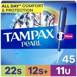 lot 9870 image: Tampax Pearl Tampons Trio Multipack, with LeakGuard Braid, SuperSuper PlusUltra Absorbency, Unscented, 45 Count