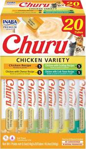 lot 9926 image: INABA Churu Cat Treats, Lickable, Squeezable Creamy Pur e Cat Treat with Green Tea Extract & Taurine, 0.5 Ounces Each Tube, 20 Tubes, Chicken Variety Box