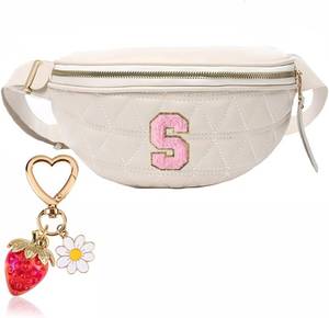 lot 9944 image: Initial Fanny Pack for Women Fashion Beige Leather Belt Bag Crossbody Waist Purse Cross Body Bumbag with Cute Strawberry Keychain Charm Gift(Beige Belt Bag for S)