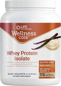 lot 9964 image: Life Extension Wellness Code  Whey Protein Isolate (Vanilla), Protein and branched-Chain Amino acids for Muscle Growth & Immune Health, no Sugar Added, Gluten Free, Non-GMO, 403 Grams (20 Servings)