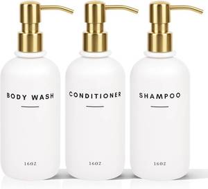 lot 9877 image: Set of 3 Shampoo and Conditioner Dispenser Stainless Steel Pump Head - 16oz Durable Shower Soap Dispenser and Shampoo Bottles - Easy to Refill Bathroom soap Dispenser Set Bathroom Decor with Labels