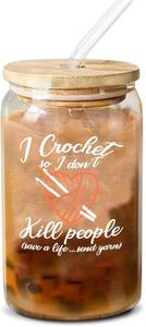 lot 9881 image: Panvola I Crochet So I Dont Kill People Save A Life Send Yarn Crochet Gifts Glass Cup with Bamboo Lids Glass Straw Knitting Gifts Beer Can Glass Drinking Jars Glass Can 16oz