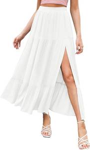 lot 9906 image: HAEOF Womens 2025 Summer Flowy Boho Maxi Skirt Trendy Slit Elastic High Waist A Line Beach Long Skirts with Pockets SIZE L