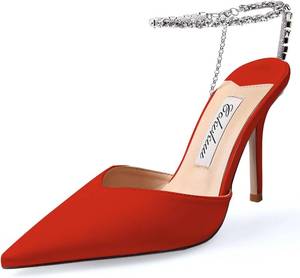 lot 9909 image: Womens Heeled Sandals Crystal Chain Ankle Straps Rhinestones Buckle High Heels Stiletto Slip On Wedding Party Satin Dress Shoes 3.9 IN SIZE 43