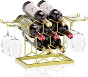 lot 10002 image: B4Life Countertop Wine Rack 3 Tier, Wine Rack with Glass Holder 8 Bottles, Freestanding Small Liquor Holder Metal, Tabletop Bottle Storage Stand for for Home, Kitchen, Bar, Cellar (Gold, 8 Bottles)