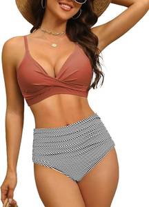lot 10006 image: Womens High Waisted Bikini Set Push Up V Neck Ruched Bottom Stylish Two Piece Swimsuit Bathing Suit - Size XL