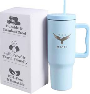 lot 10077 image: AMO 40 oz Tumbler With Handle and Straw - Vacuum Insulated Double Wall, Stainless Steel, Travel Friendly Water Bottle, Keeps Drinks Hot or Cold, Leak-Proof Design, Ideal for Outdoor & Daily Use- Blue