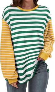lot 10086 image: BLENCOT Womens Oversized Patchwork T Shirts Fall Long Sleeve Striped Color Block Loose Fit Pullover Tops Size XL