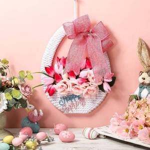 lot 10089 image: Lineshading Spring Tulip Basket Wreath for Front Door Happy Spring Basket Wreath Pink Tulip Artificial Floral Hanging Baskets Flower for Easter Holiday Party Farmhouse Window Porch Door Decor