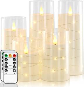 lot 10095 image: Homemory Pure White Flameless Candles with Embedded Star String Fairy Lights, Battery Operated Candle, LED Candles, Fake Candles with Remote Control and Timer, Set of 5(H45688)