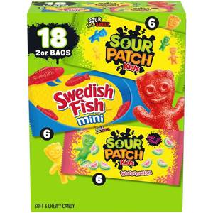lot 10124 image: SOUR PATCH KIDS and SWEDISH FISH Mini Soft & Chewy Candy Variety Pack, Bulk Candy, 18-2 oz Bags