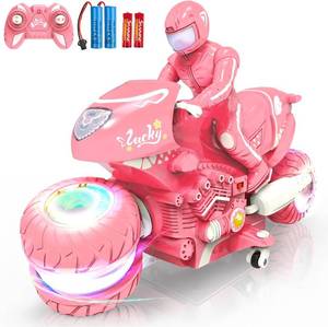lot 10131 image: Remote Control Motorcycle for Girls with RGB Wheels Lights, RC Motorbike Toy, 360  Rotations, 55 Min Play, Stunt Motocross with Rider, 2.4Ghz RC Dirt Bike Birthday Xmas for Girls 4-12 (Pink)